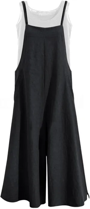 YESNO Women Casual Loose Long Bib Pants Wide Leg Jumpsuits Baggy Cotton Rompers Overalls with Pockets PZZTYP2
