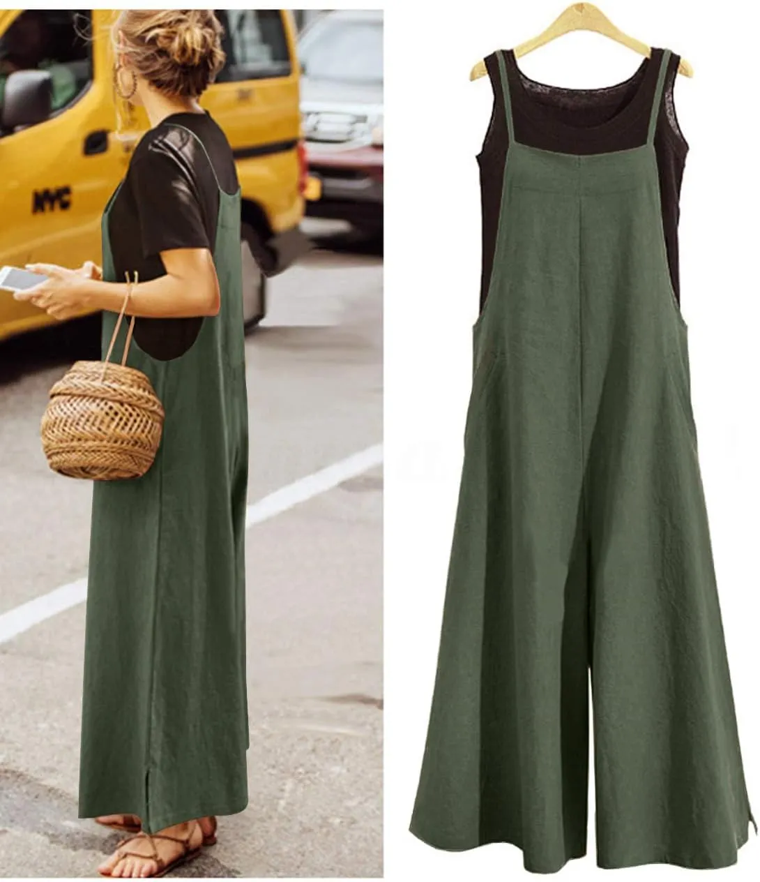 YESNO Women Casual Loose Long Bib Pants Wide Leg Jumpsuits Baggy Cotton Rompers Overalls with Pockets PZZTYP2