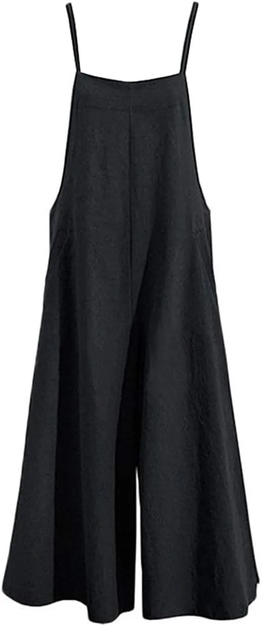 YESNO Women Casual Loose Long Bib Pants Wide Leg Jumpsuits Baggy Cotton Rompers Overalls with Pockets PZZTYP2