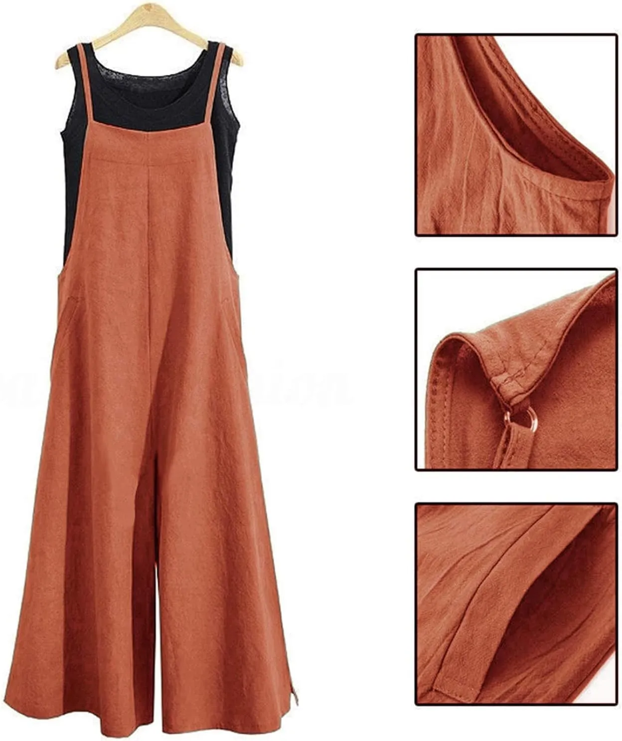 YESNO Women Casual Loose Long Bib Pants Wide Leg Jumpsuits Baggy Cotton Rompers Overalls with Pockets PZZTYP2