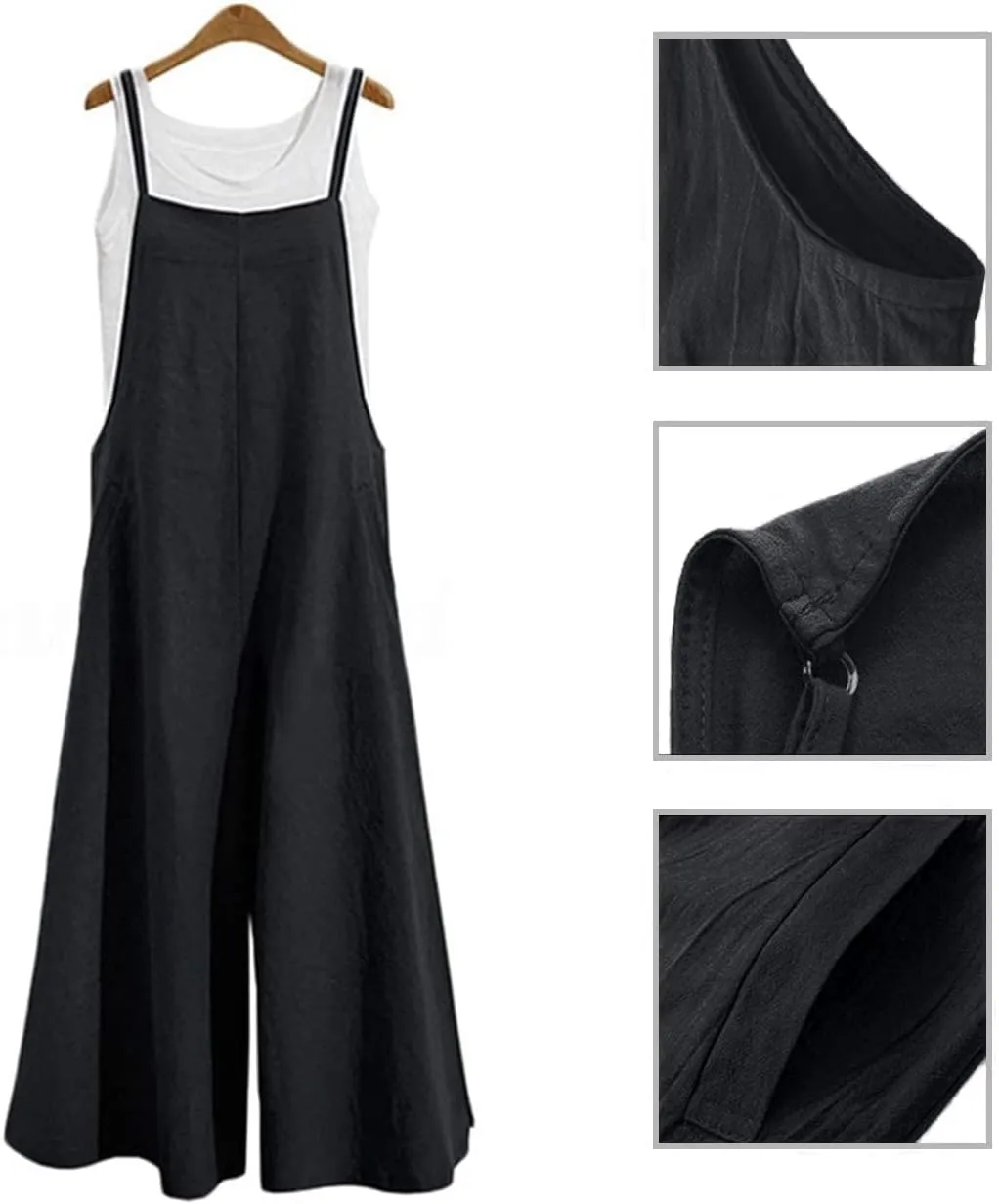 YESNO Women Casual Loose Long Bib Pants Wide Leg Jumpsuits Baggy Cotton Rompers Overalls with Pockets PZZTYP2