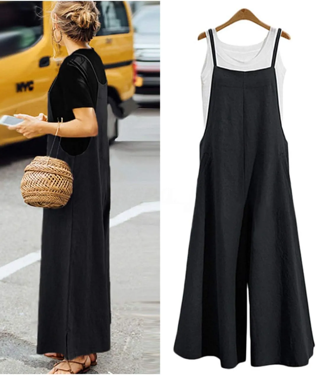 YESNO Women Casual Loose Long Bib Pants Wide Leg Jumpsuits Baggy Cotton Rompers Overalls with Pockets PZZTYP2