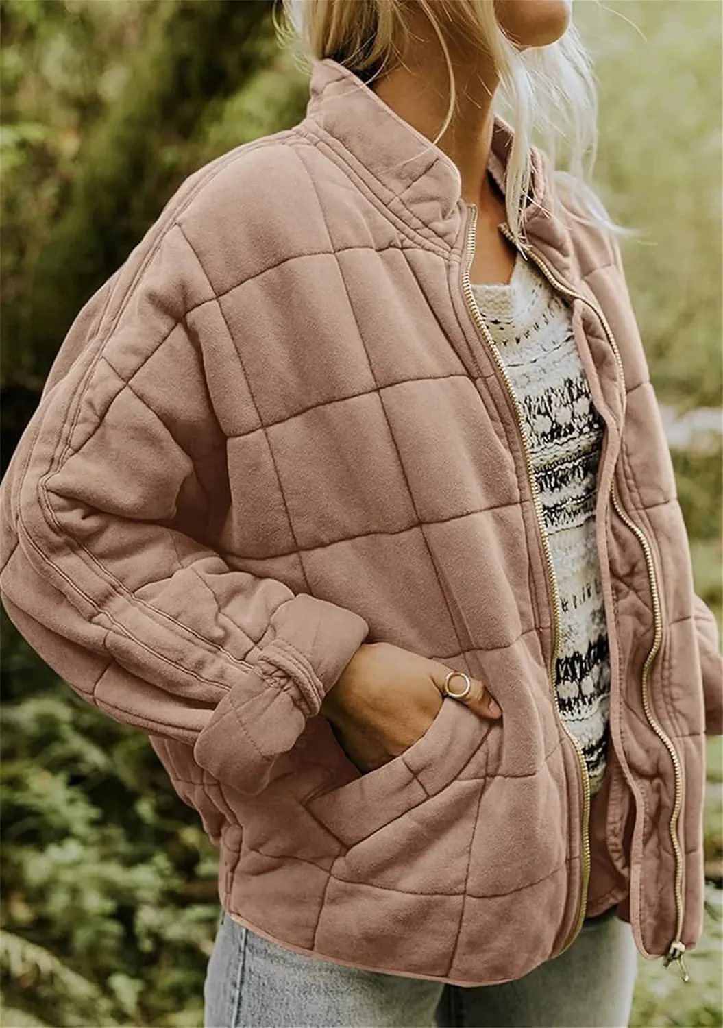 YMING Women's Baggy Lightweight Puffer Jacket Long Sleeve Zip Up Down Coat Quilted Warm Winter Down Coat With Pockets