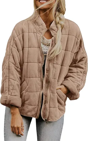 YMING Women's Baggy Lightweight Puffer Jacket Long Sleeve Zip Up Down Coat Quilted Warm Winter Down Coat With Pockets
