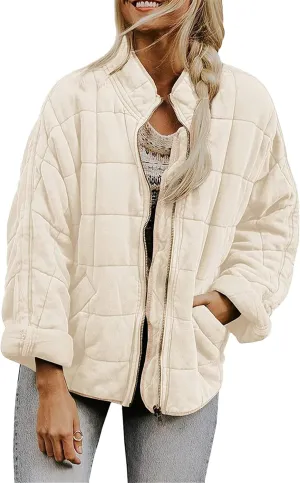 YMING Women's Baggy Lightweight Puffer Jacket Long Sleeve Zip Up Down Coat Quilted Warm Winter Down Coat With Pockets