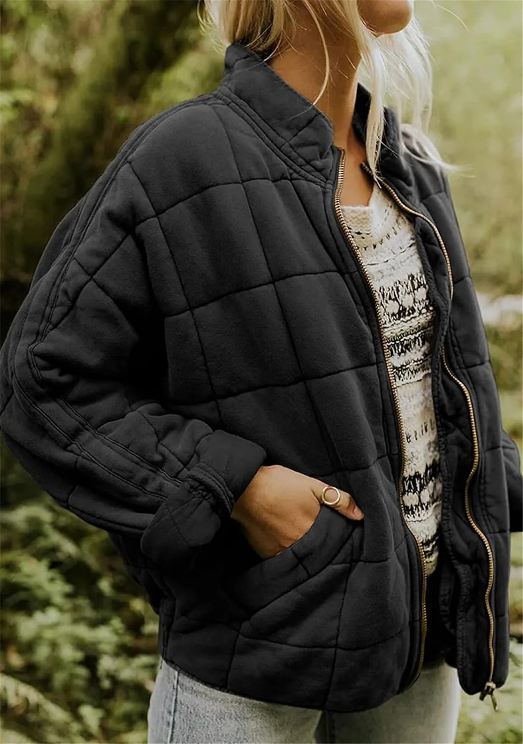 YMING Women's Baggy Lightweight Puffer Jacket Long Sleeve Zip Up Down Coat Quilted Warm Winter Down Coat With Pockets