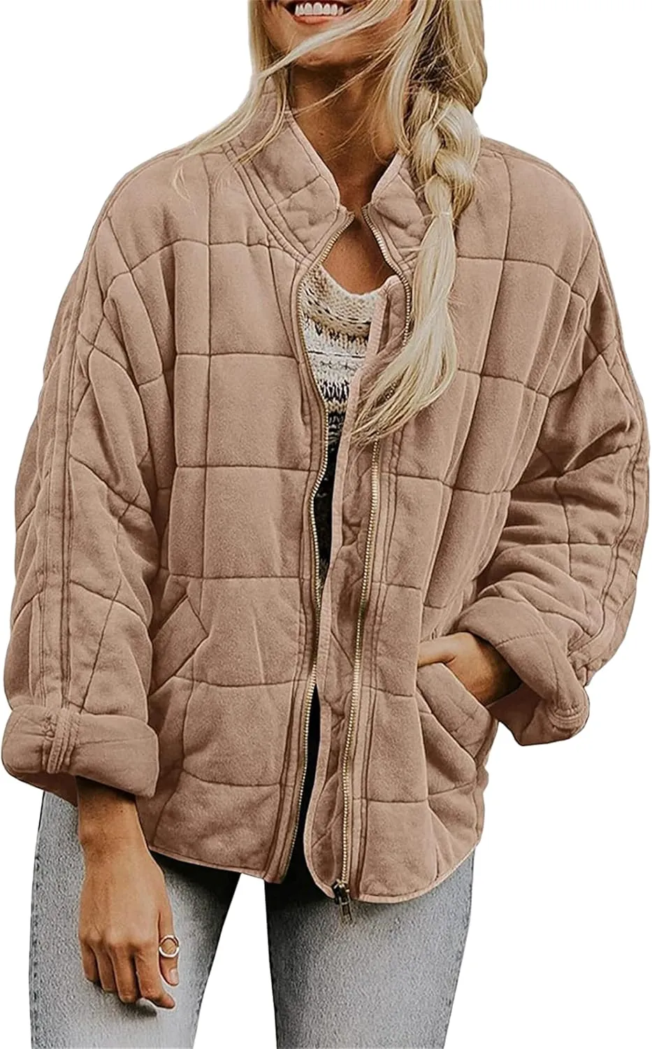 YMING Women's Baggy Lightweight Puffer Jacket Long Sleeve Zip Up Down Coat Quilted Warm Winter Down Coat With Pockets