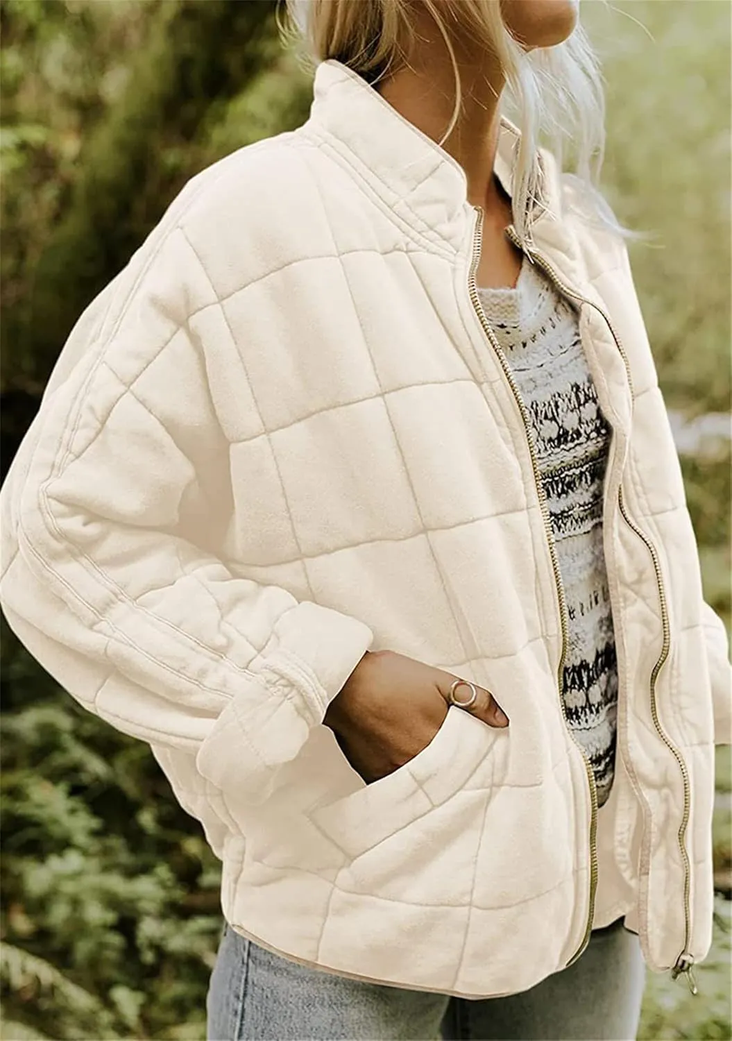 YMING Women's Baggy Lightweight Puffer Jacket Long Sleeve Zip Up Down Coat Quilted Warm Winter Down Coat With Pockets