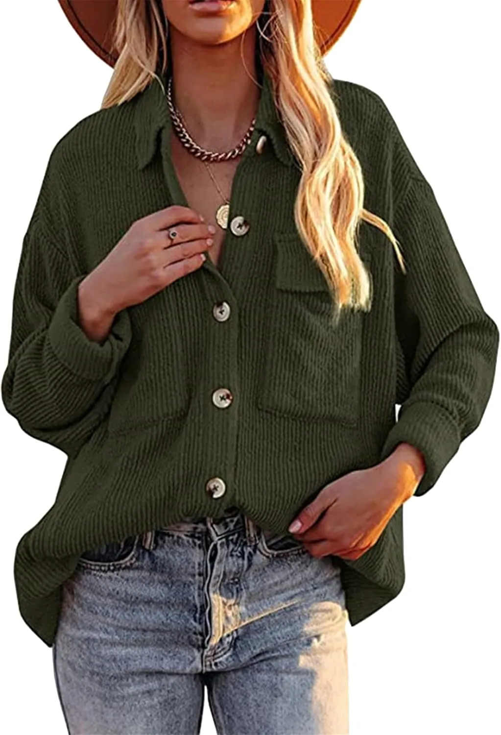 YMING Womens Casual Corduroy Button Down Shacket Long Sleeve Shirt Jacket Oversized Blouses Tops
