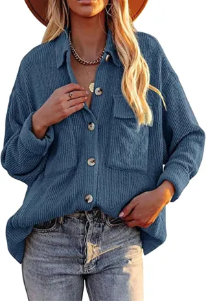YMING Womens Casual Corduroy Button Down Shacket Long Sleeve Shirt Jacket Oversized Blouses Tops