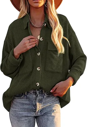 YMING Womens Casual Corduroy Button Down Shacket Long Sleeve Shirt Jacket Oversized Blouses Tops