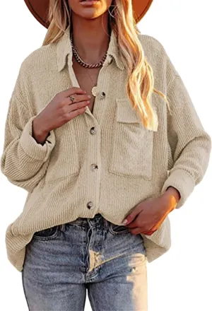 YMING Womens Casual Corduroy Button Down Shacket Long Sleeve Shirt Jacket Oversized Blouses Tops