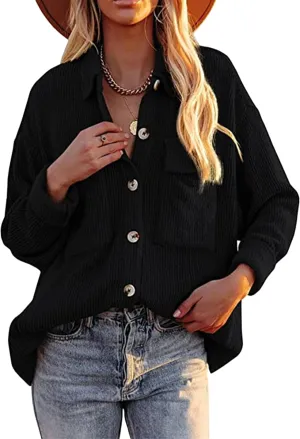 YMING Womens Casual Corduroy Button Down Shacket Long Sleeve Shirt Jacket Oversized Blouses Tops