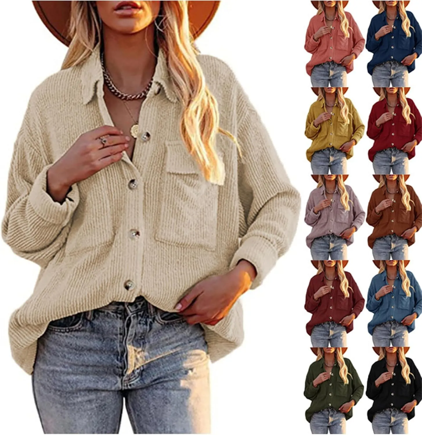 YMING Womens Casual Corduroy Button Down Shacket Long Sleeve Shirt Jacket Oversized Blouses Tops