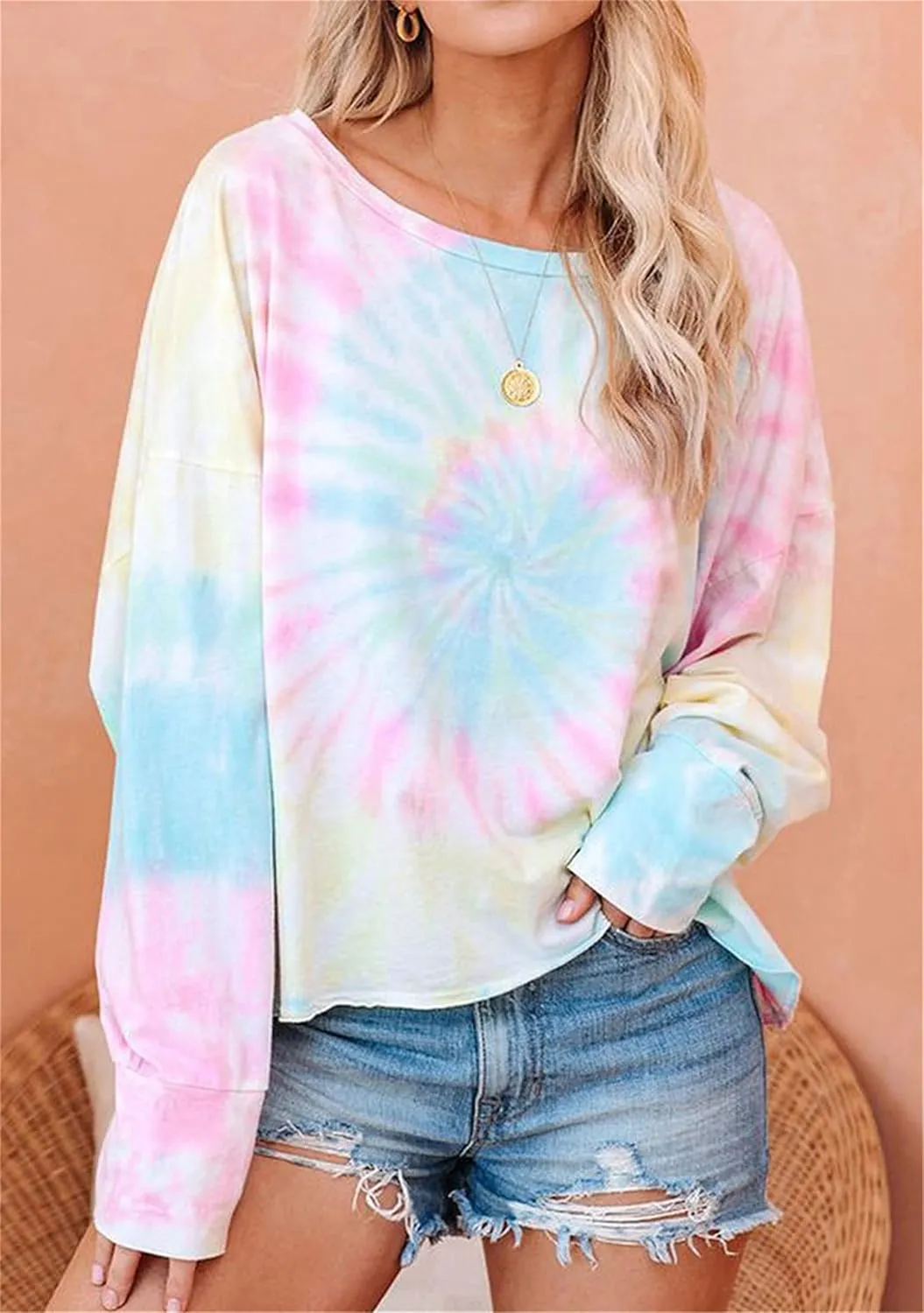 YMING Womens Tie Dye Crewneck Sweatshirt Casual Long Sleeve Pullover Fall Loose Fit Shirt Tops Plus Size