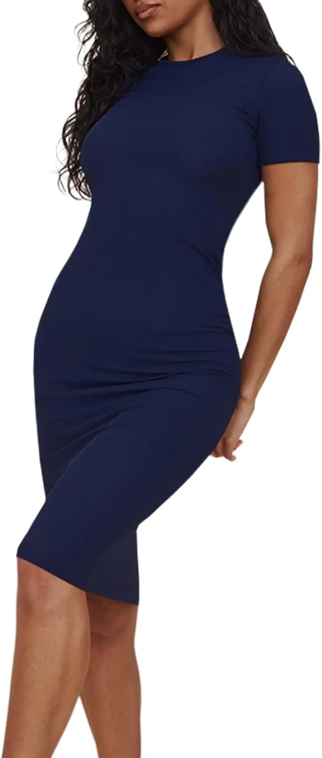 YouSexy Women's Summer Short Sleeve Ribbed Casual Dresses Crew Neck Bodycon Midi Dress