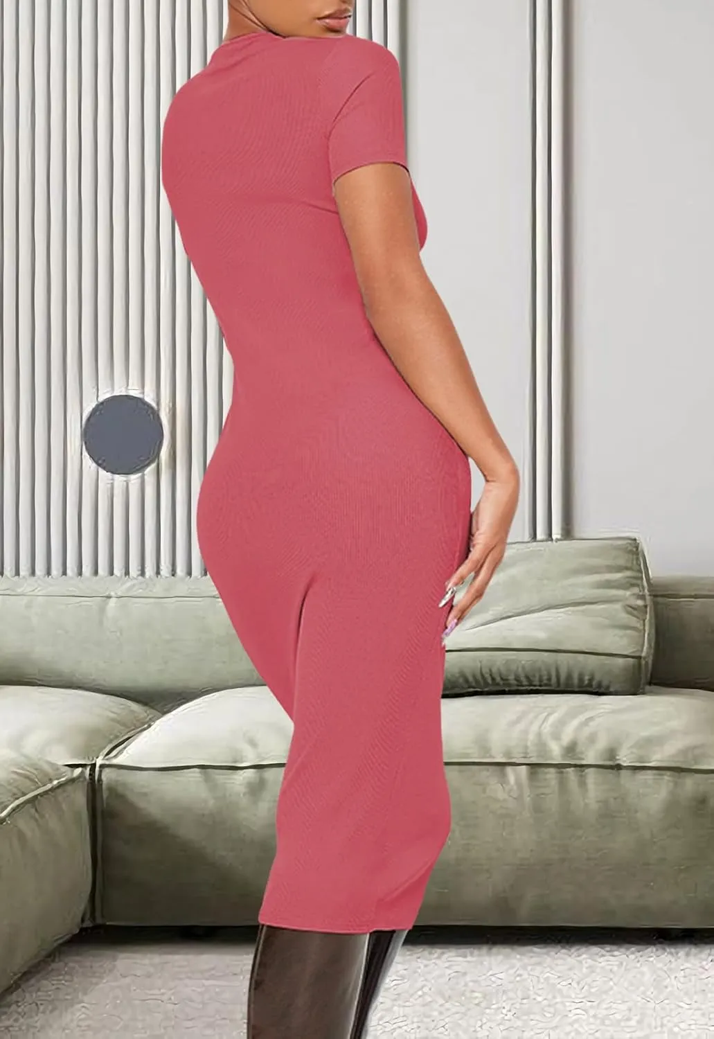YouSexy Women's Summer Short Sleeve Ribbed Casual Dresses Crew Neck Bodycon Midi Dress