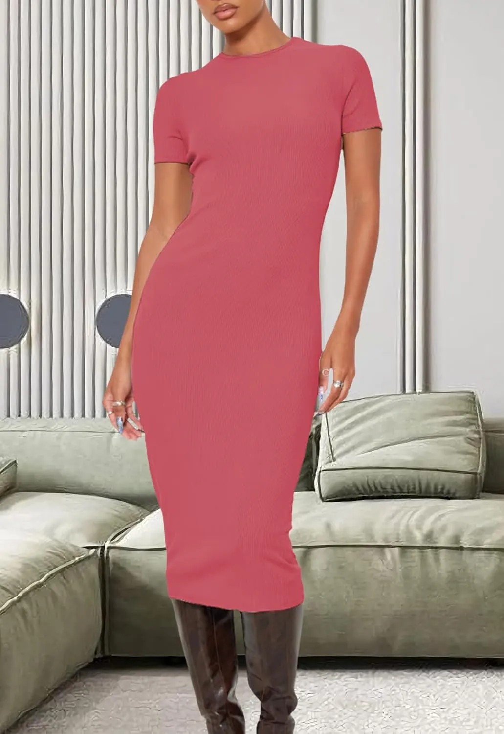 YouSexy Women's Summer Short Sleeve Ribbed Casual Dresses Crew Neck Bodycon Midi Dress
