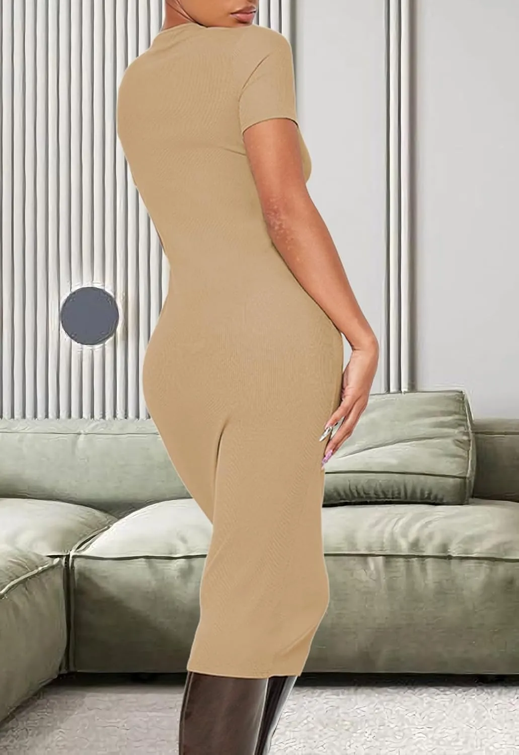 YouSexy Women's Summer Short Sleeve Ribbed Casual Dresses Crew Neck Bodycon Midi Dress