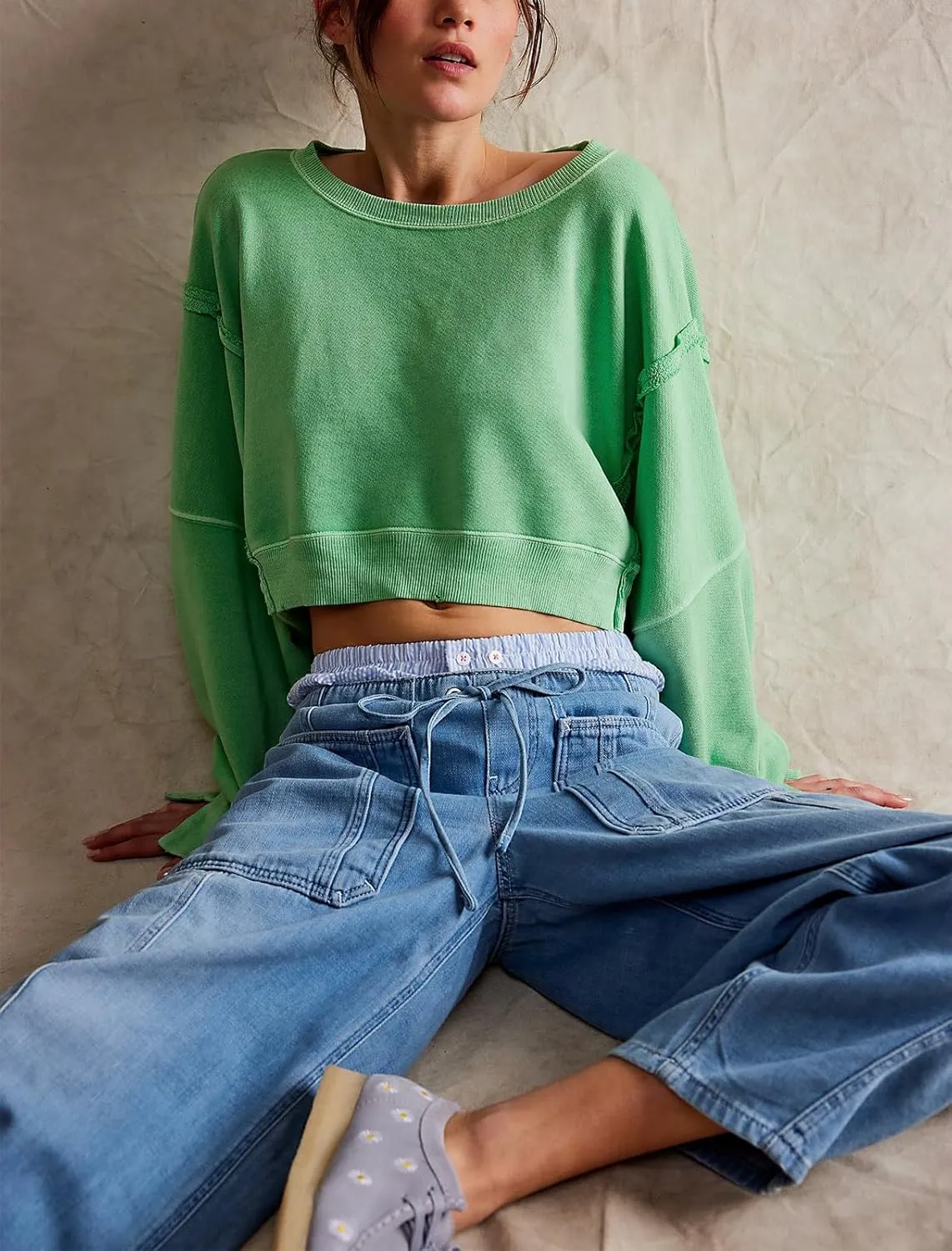 Yuemengxuan Womens Y2k Oversized Sweatshirt Scoop Neck Pullover Tops Batwing Sleeve Cropped Sweatshirts Fall Outfits