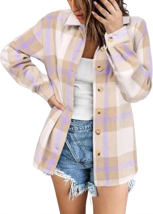 Zeagoo Women Flannel Shacket Jacket Plaid Button Down Long Sleeve Shirt Fall Outfits 2024