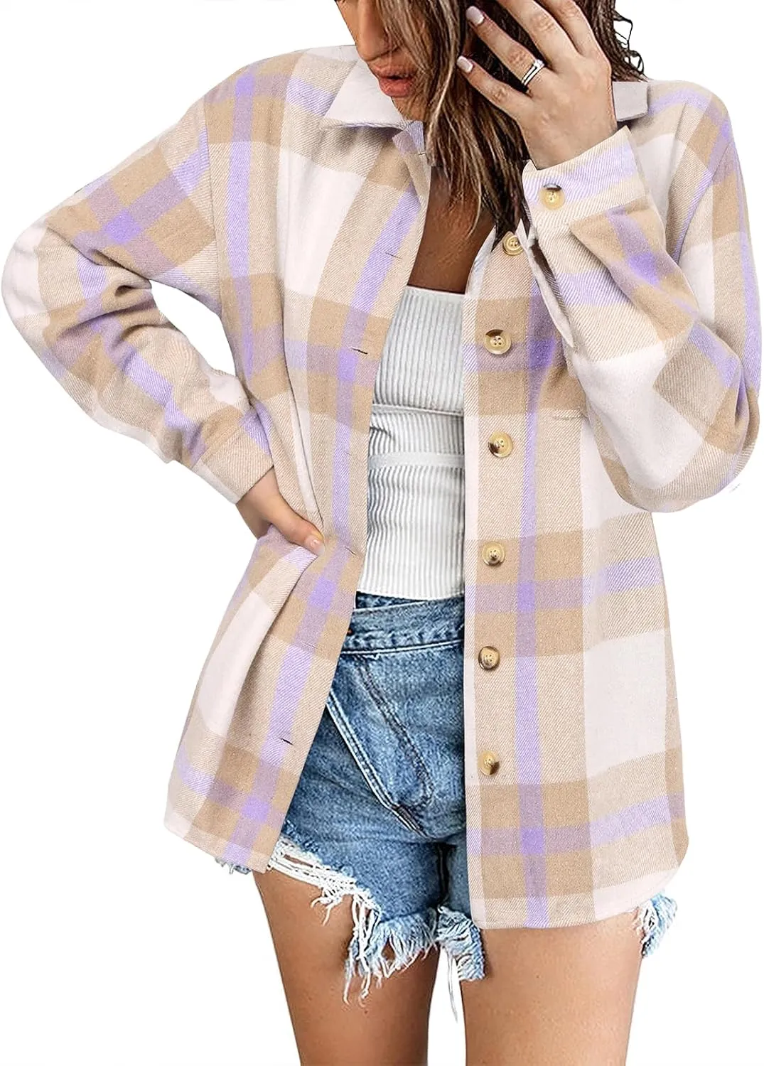 Zeagoo Women Flannel Shacket Jacket Plaid Button Down Long Sleeve Shirt Fall Outfits 2024