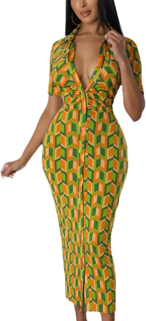 ZERMOM Women's Button Down Shirt Dress Short Sleeve Print Collar V Neck Summer Bodycon Midi Dresses