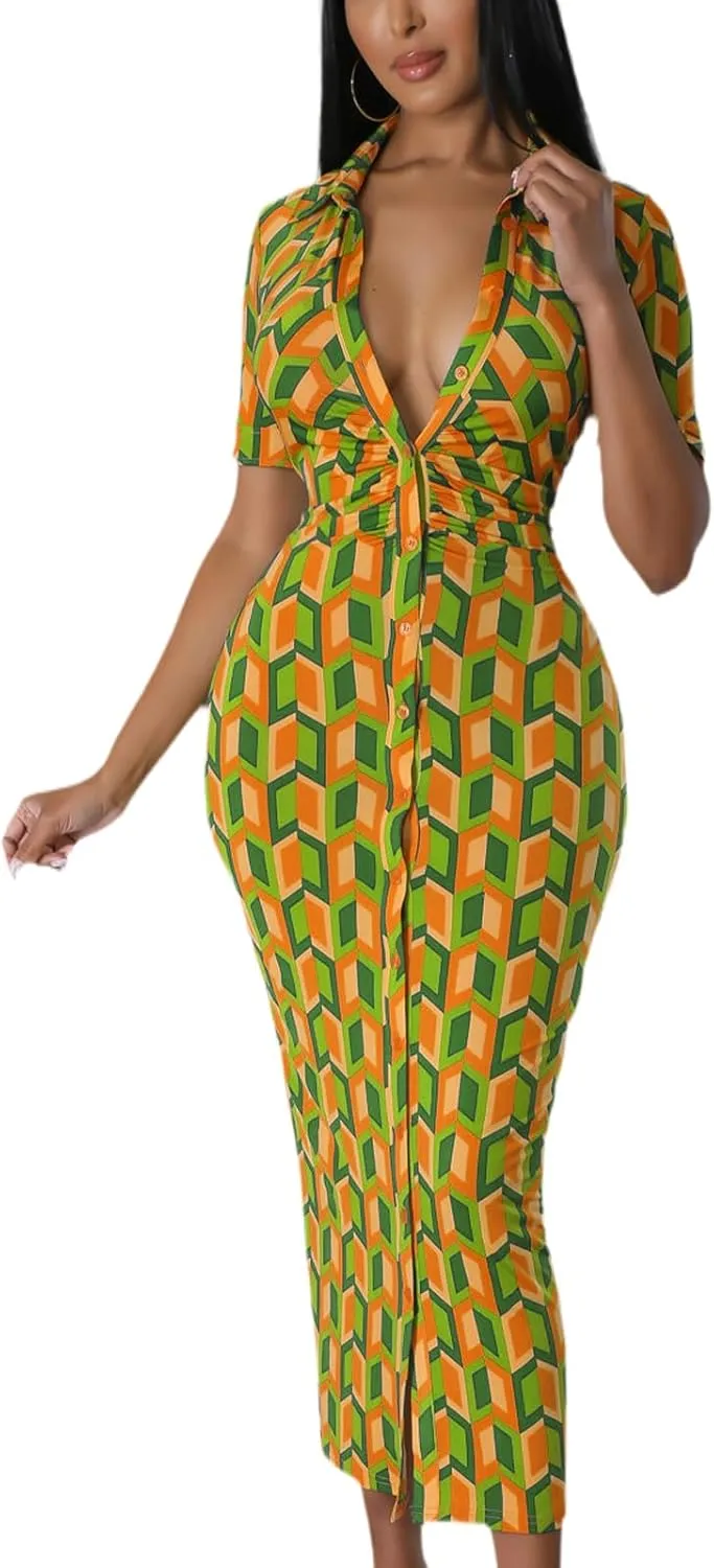 ZERMOM Women's Button Down Shirt Dress Short Sleeve Print Collar V Neck Summer Bodycon Midi Dresses