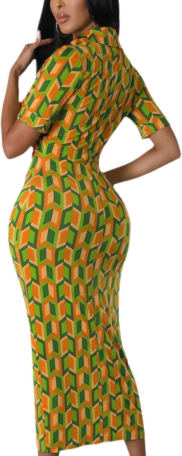ZERMOM Women's Button Down Shirt Dress Short Sleeve Print Collar V Neck Summer Bodycon Midi Dresses